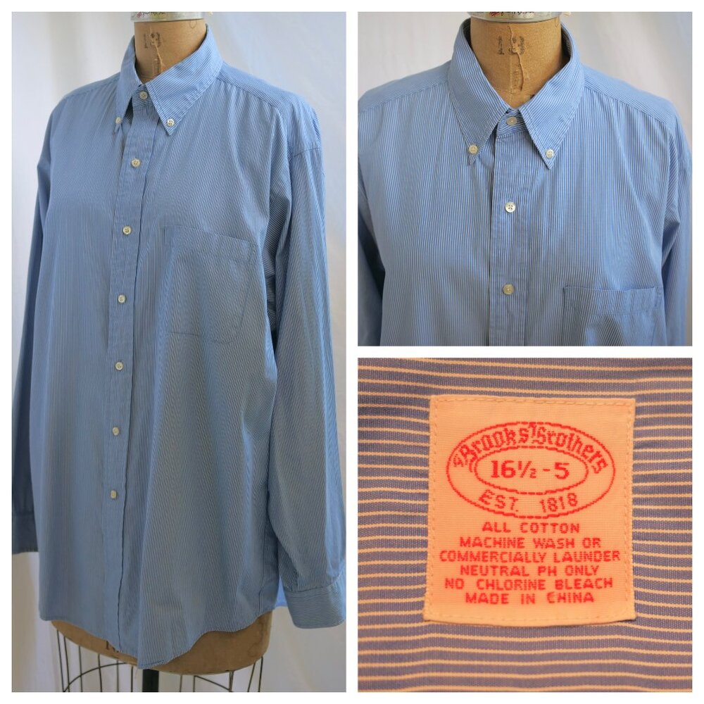 BROOKS BROTHERS Blue Stripe 100% Cotton Original Polo Shirt 16 1/2 -5 EUC